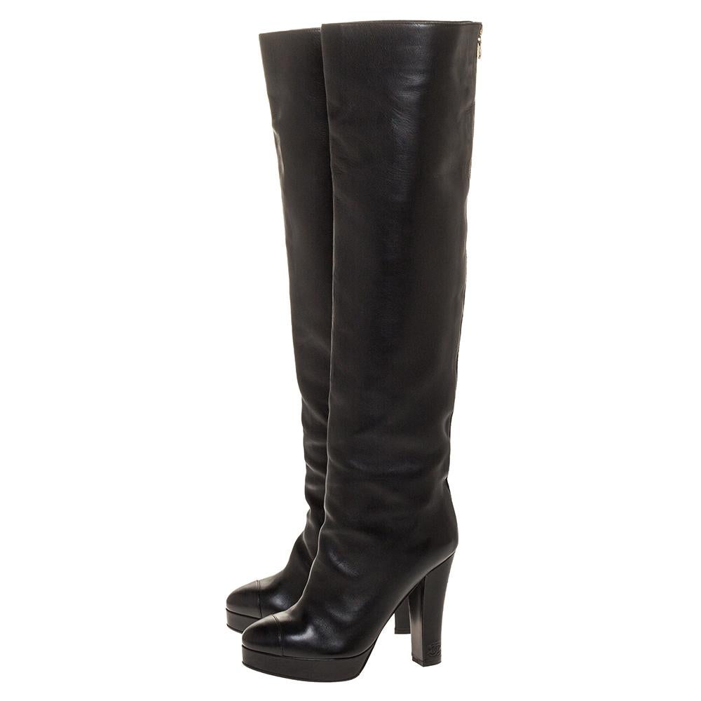 Women's Chanel Black Leather CC Knee High Platform Boots Size 38