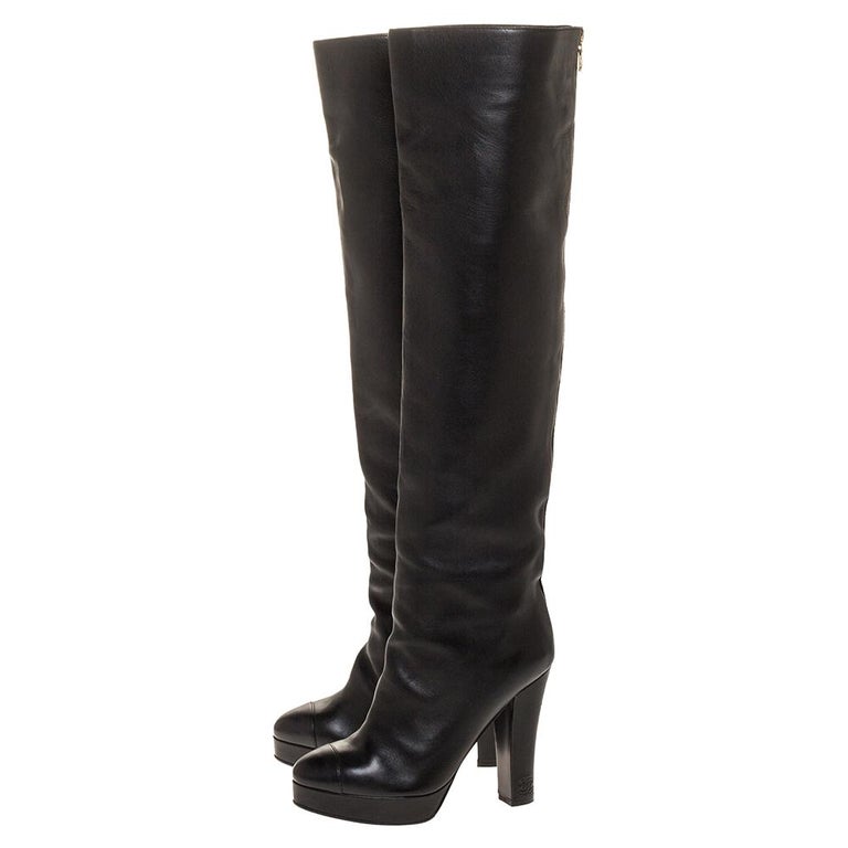 Chanel Black Leather CC Knee High Platform Boots Size 38 at 1stDibs