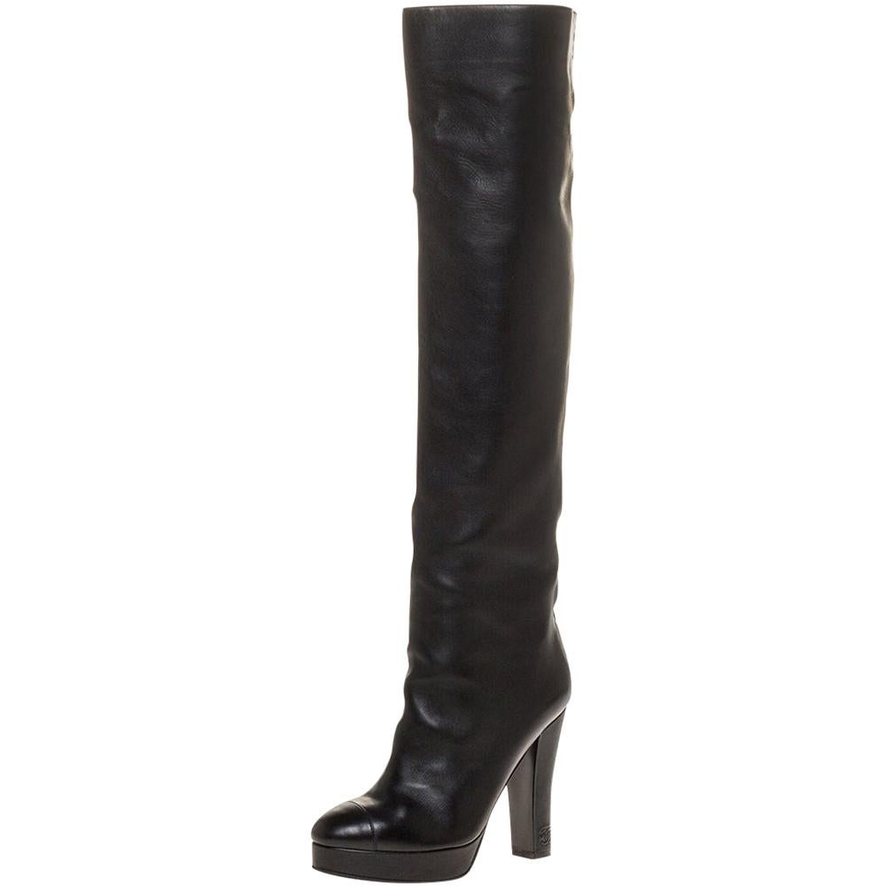 Chanel Black Leather CC Knee High Platform Boots Size 38