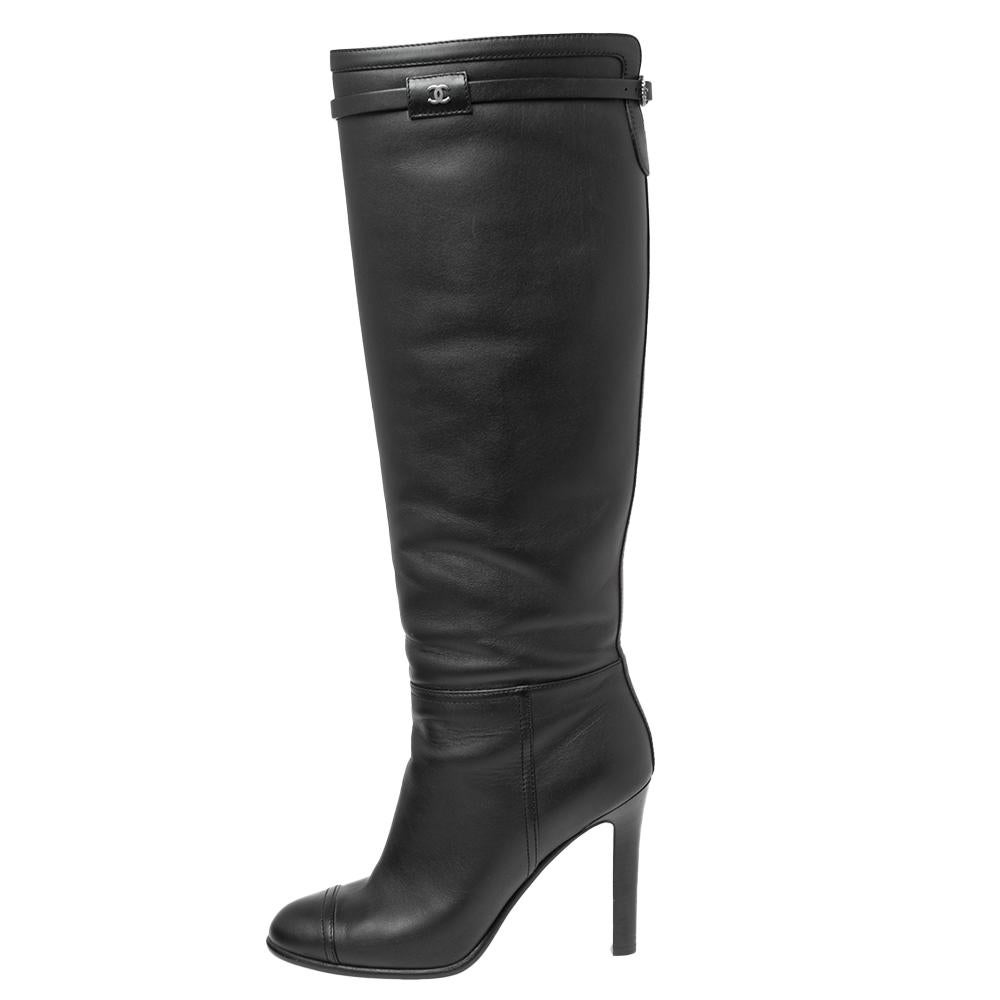 Women's Chanel Black Leather CC Knee High Slip On Boots Size 37