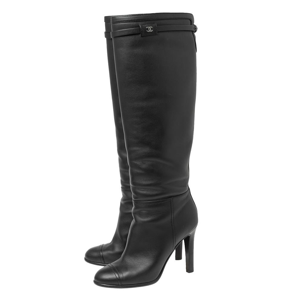 Chanel Black Leather CC Knee High Slip On Boots Size 37 3