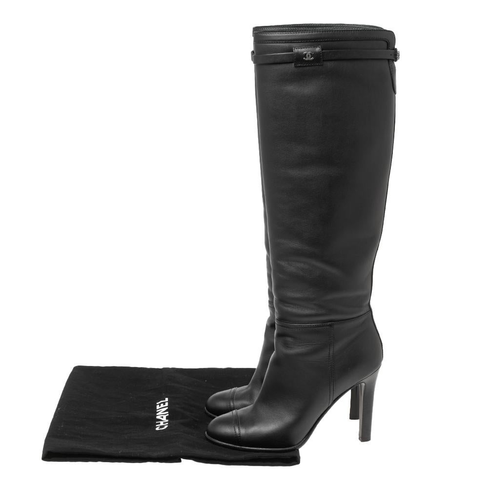 Chanel Black Leather CC Knee High Slip On Boots Size 37 4