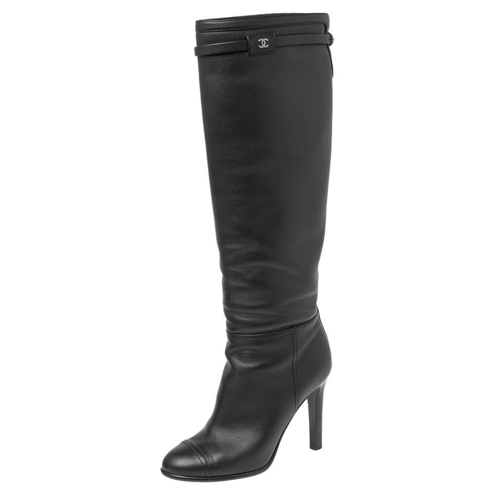 Chanel Black Leather CC Knee High Slip On Boots Size 37