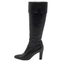 Chanel Black Leather CC Knee High Slip On Boots Size 39.5