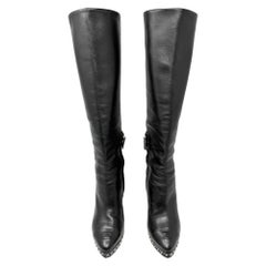 Chanel Black Leather CC Logo Chain Platform Knee High Boots Size EU 37.5