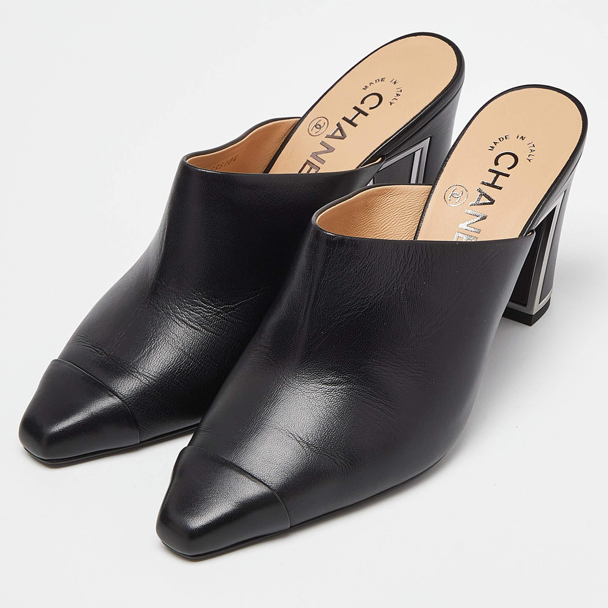 Chanel Black Leather CC Logo Metal Frame Mules Size 37 3