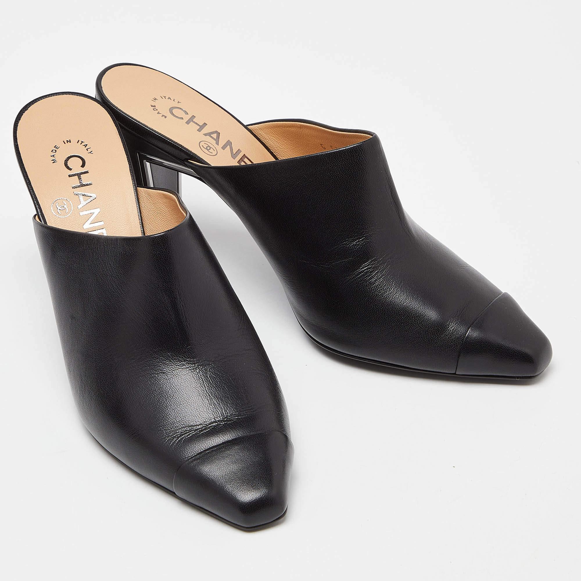 Chanel Black Leather CC Logo Metal Frame Mules Size 37 4