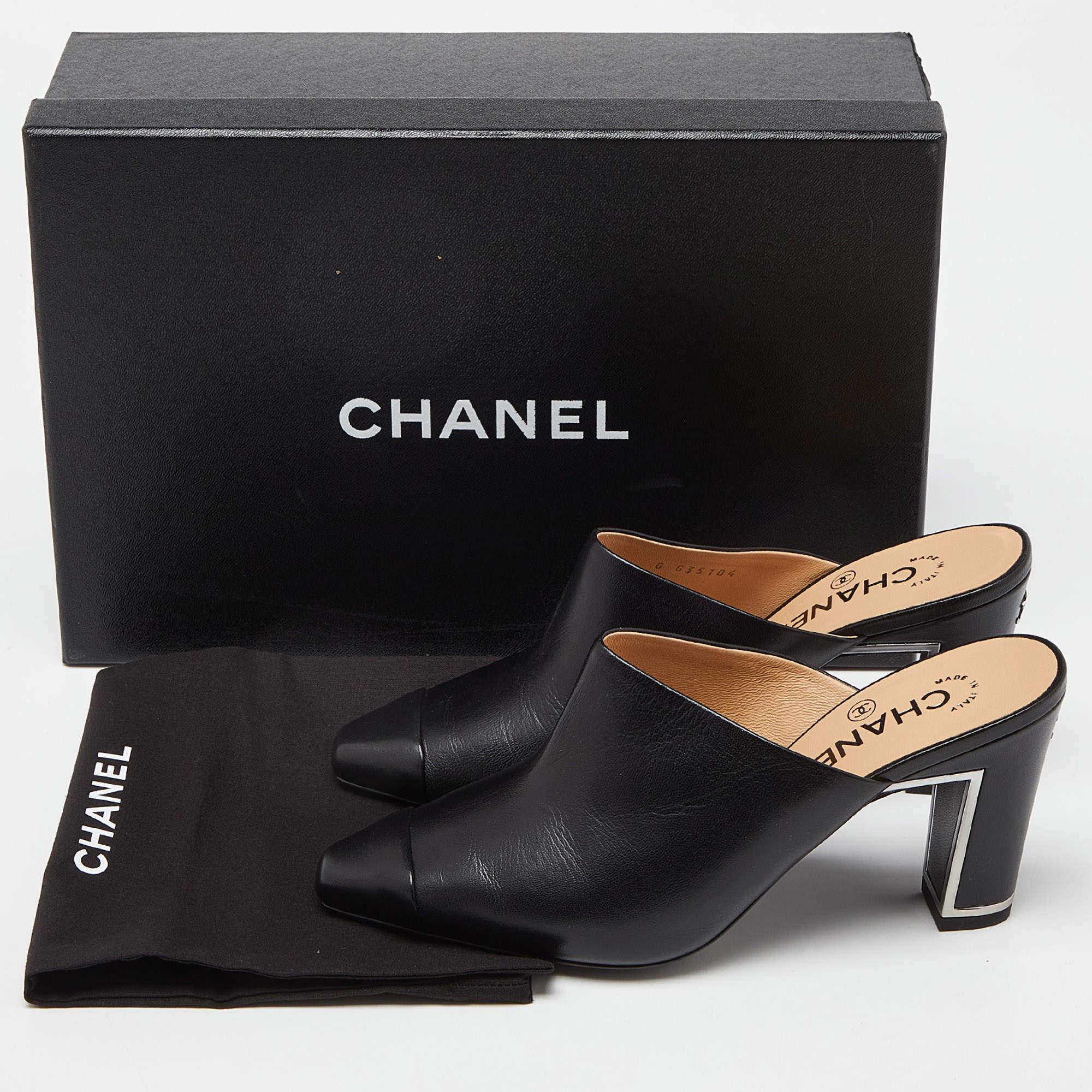 Chanel Black Leather CC Logo Metal Frame Mules Size 37 5