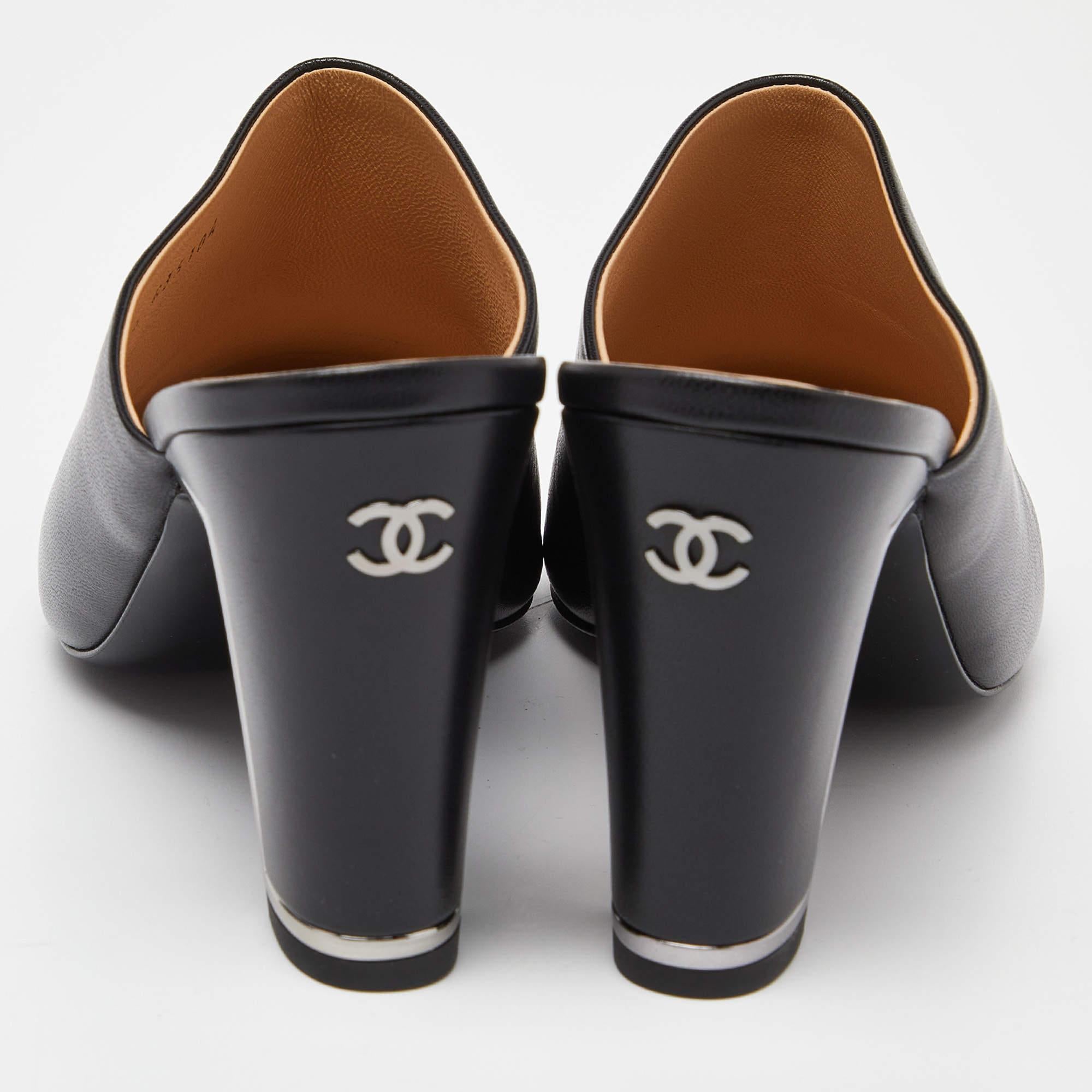 Chanel Black Leather CC Logo Metal Frame Mules Size 37 5