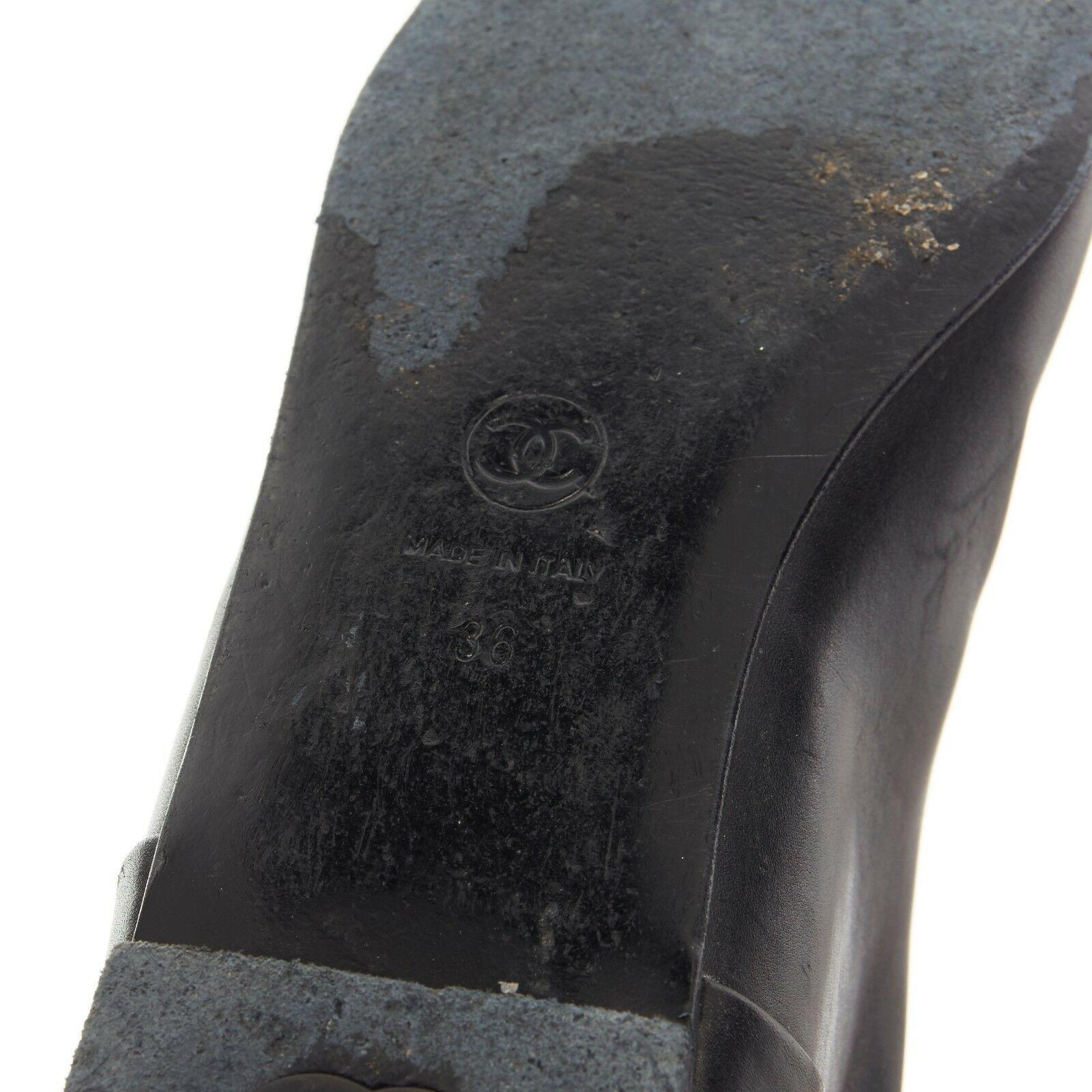 CHANEL black leather CC logo patent toe cap zip back flat high boot EU36 US6 UK3 3