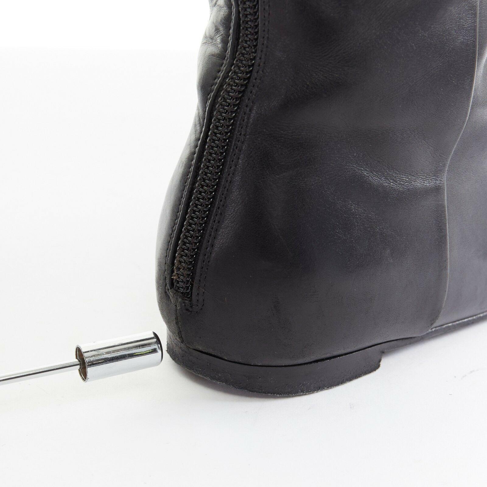CHANEL black leather CC logo patent toe cap zip back flat high boot EU36 US6 UK3 4