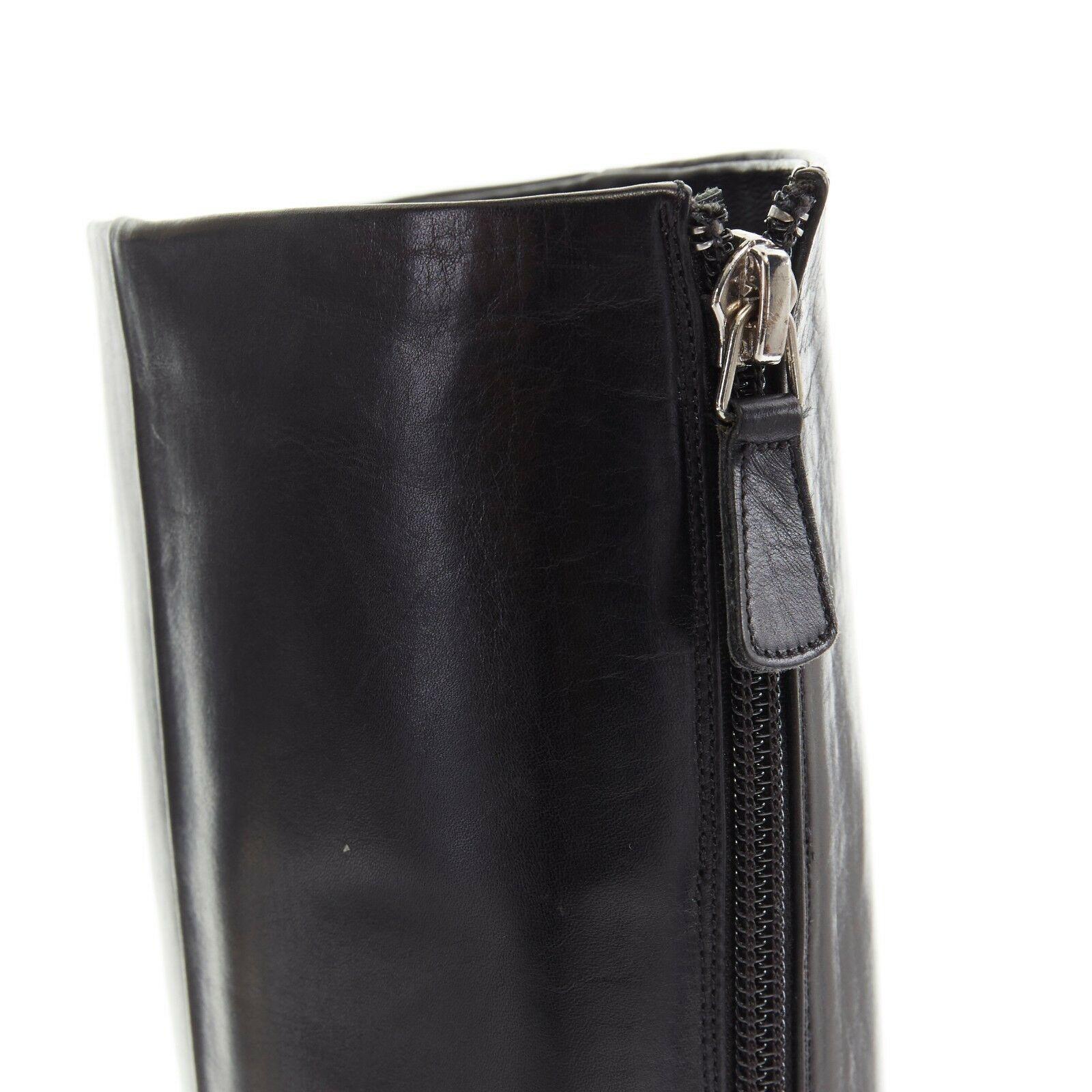 CHANEL black leather CC logo patent toe cap zip back flat high boot EU36 US6 UK3 1