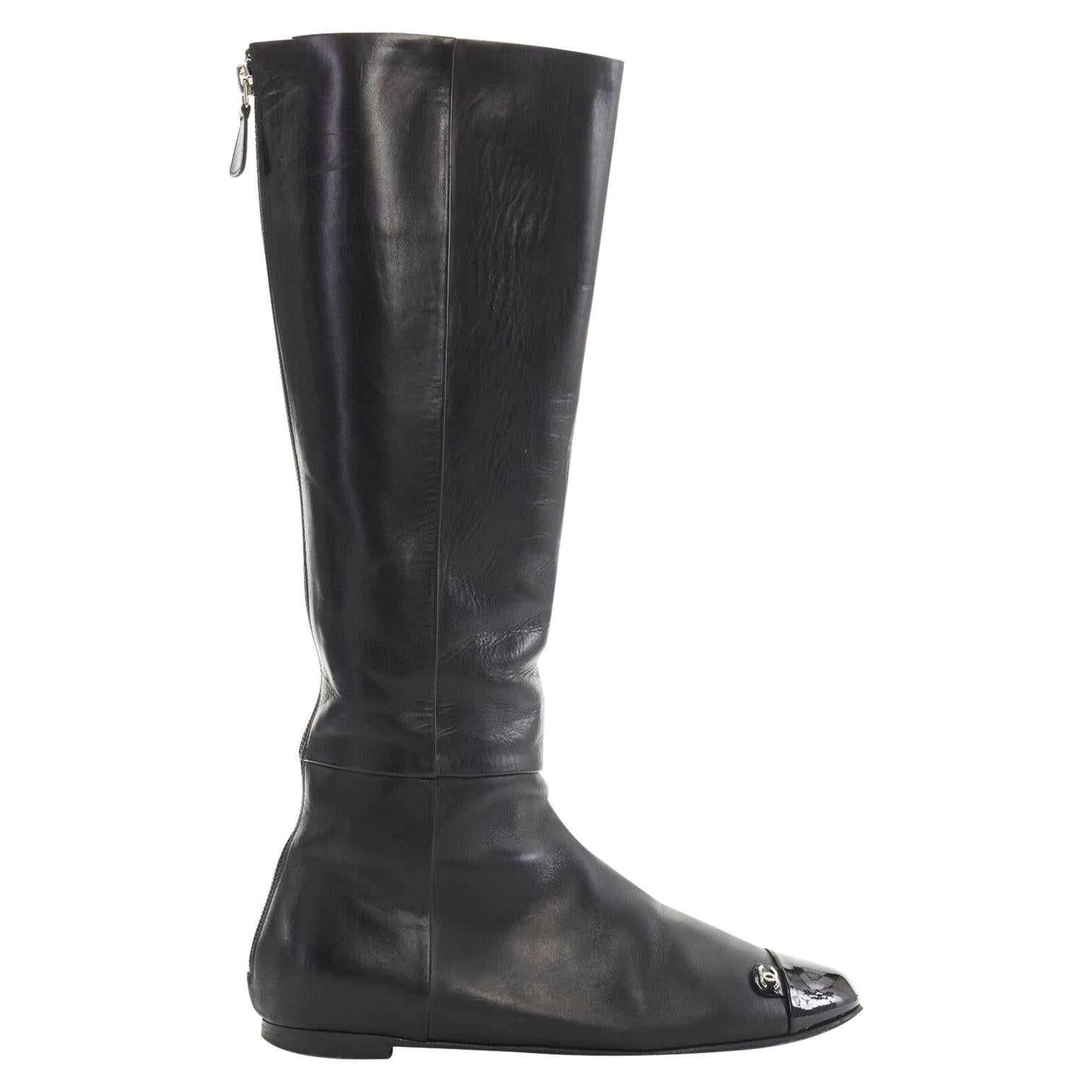 CHANEL black leather CC logo patent toe cap zip back flat high boot EU36  US6 UK3 For Sale at 1stDibs