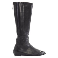 CHANEL black leather CC logo patent toe cap zip back flat high boot EU36 US6 UK3