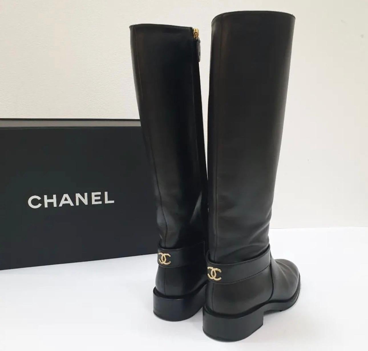 Channel Riding Boots Chanel Black Leather CC logo Riding Boots For Sale at 1stDibs