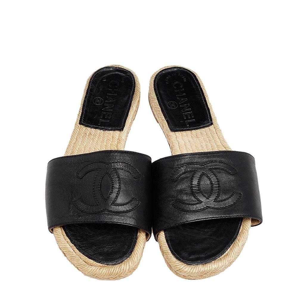 Beige Chanel Black Leather CC Logo Slide Espadrille Flats Size 37