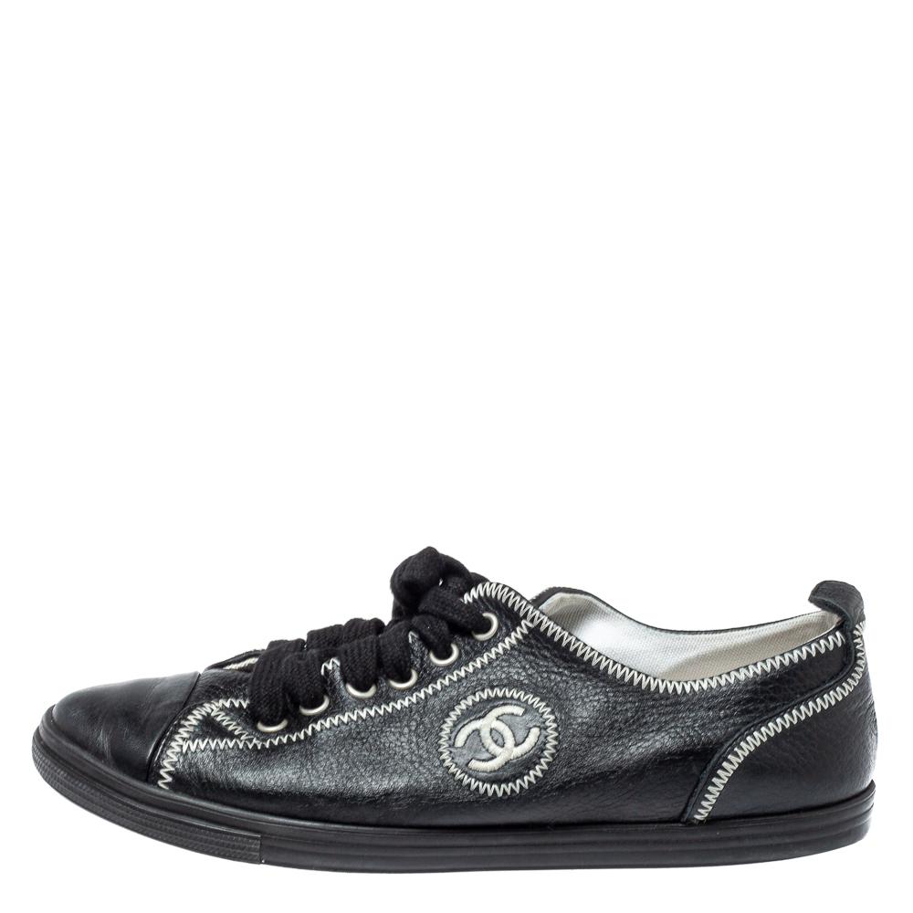 Chanel Black Leather CC Low Top Sneakers Size 39.5 1