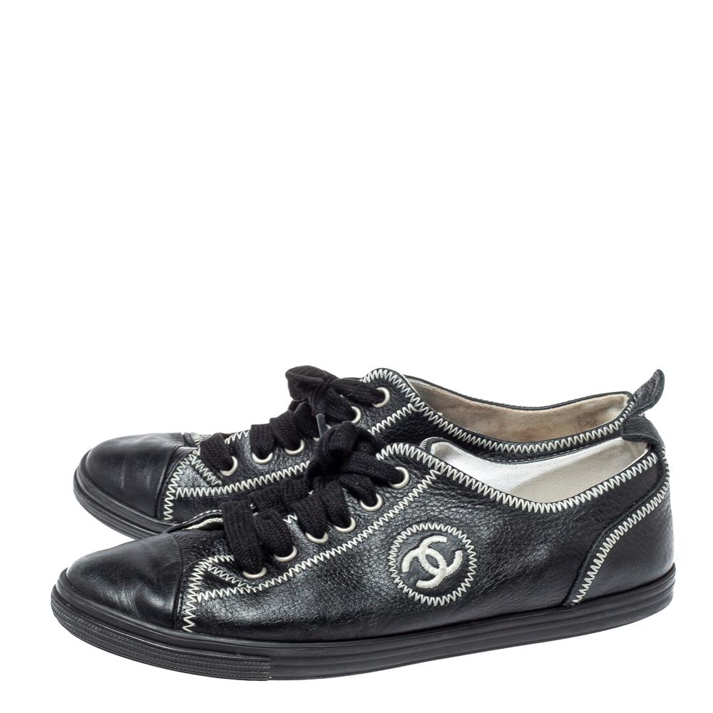 Chanel Black Leather CC Low Top Sneakers Size 39.5 2