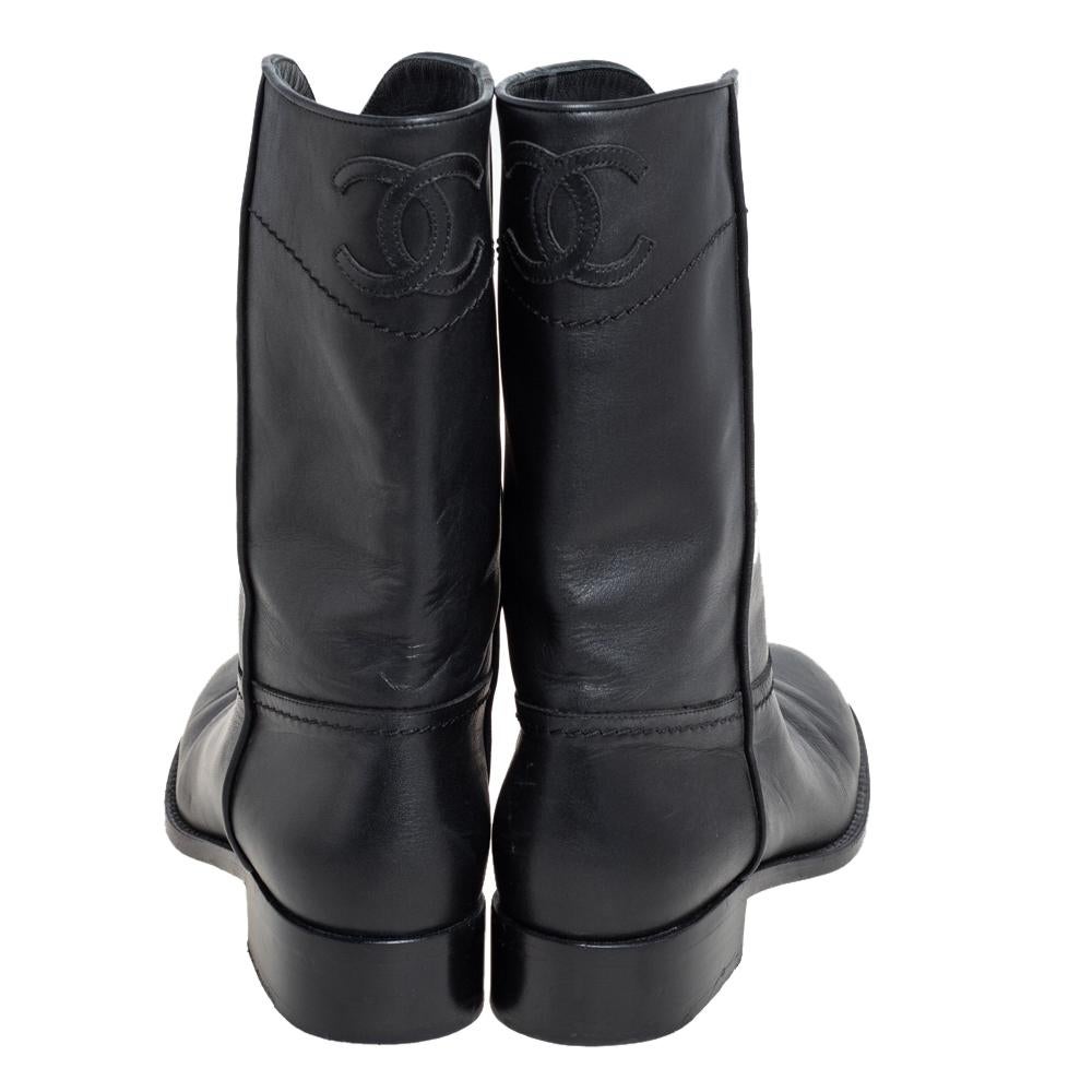Women's Chanel Black Leather CC Mid Length Boots Size 37.5