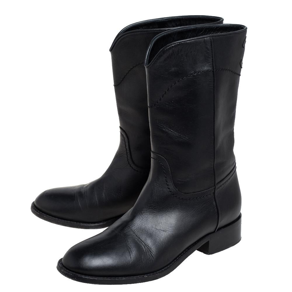 Chanel Black Leather CC Mid Length Boots Size 37.5 1