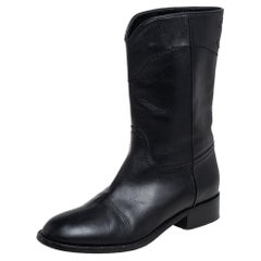 Chanel Black Leather CC Mid Length Boots Size 37.5
