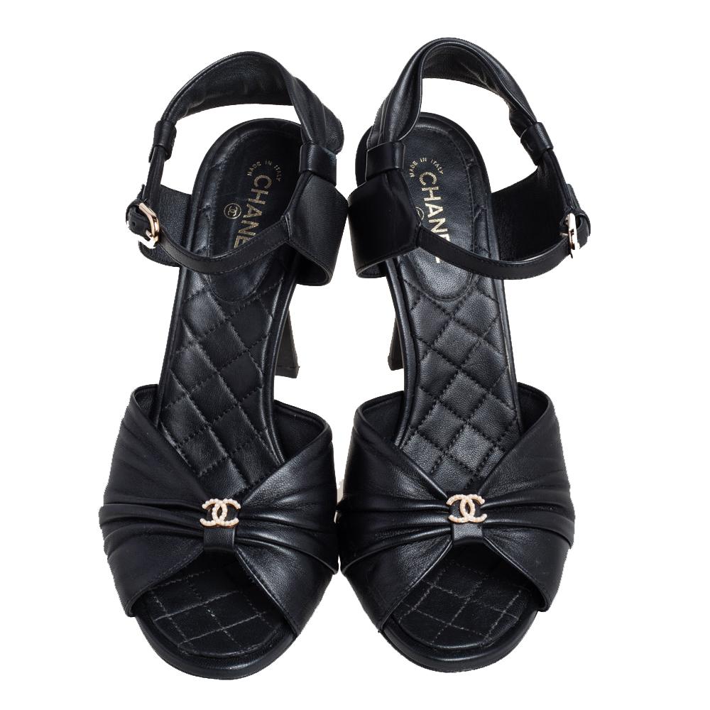 Women's Chanel Black Leather CC Open Toe Ankle Strap Sandals Size 38.5