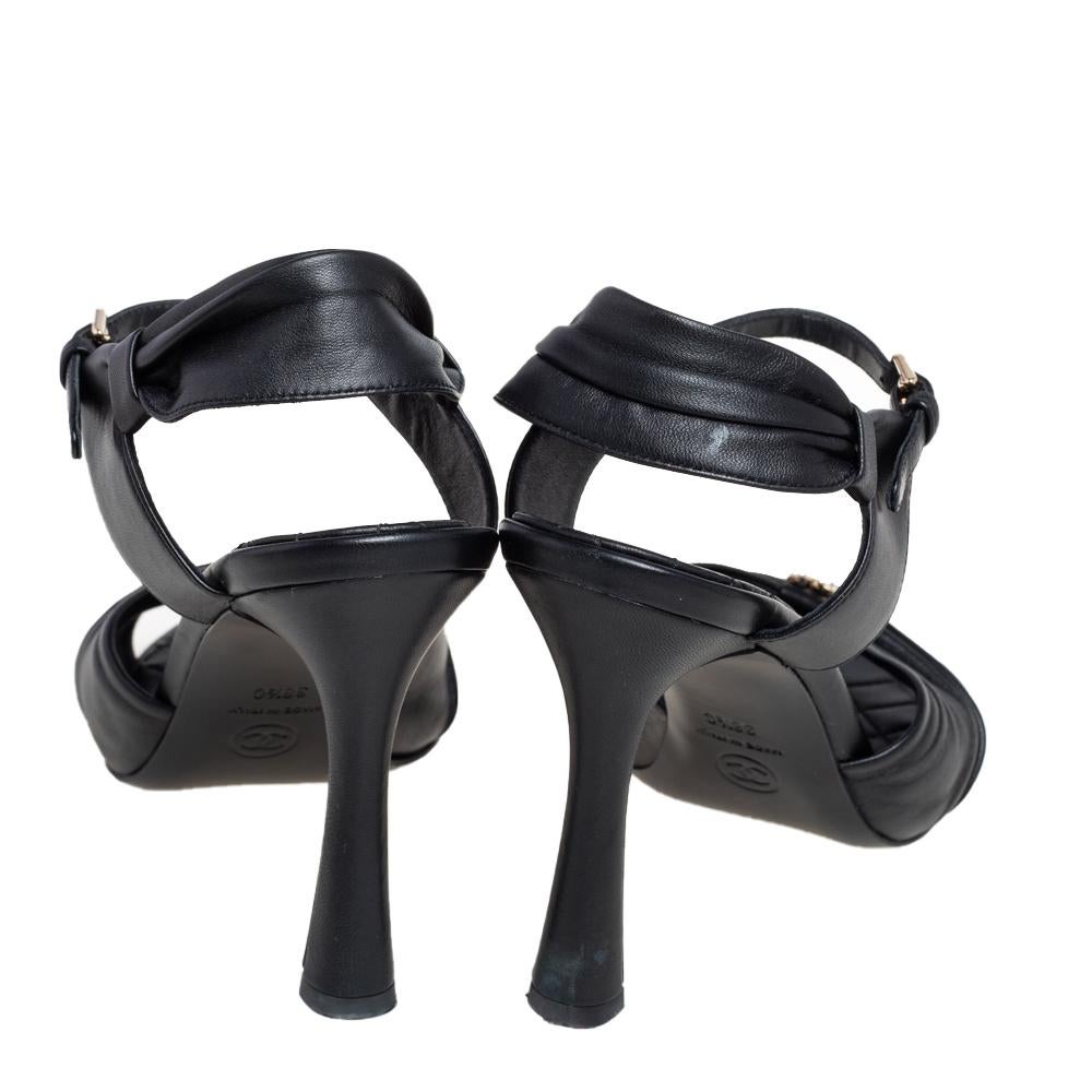 Chanel Black Leather CC Open Toe Ankle Strap Sandals Size 38.5 1