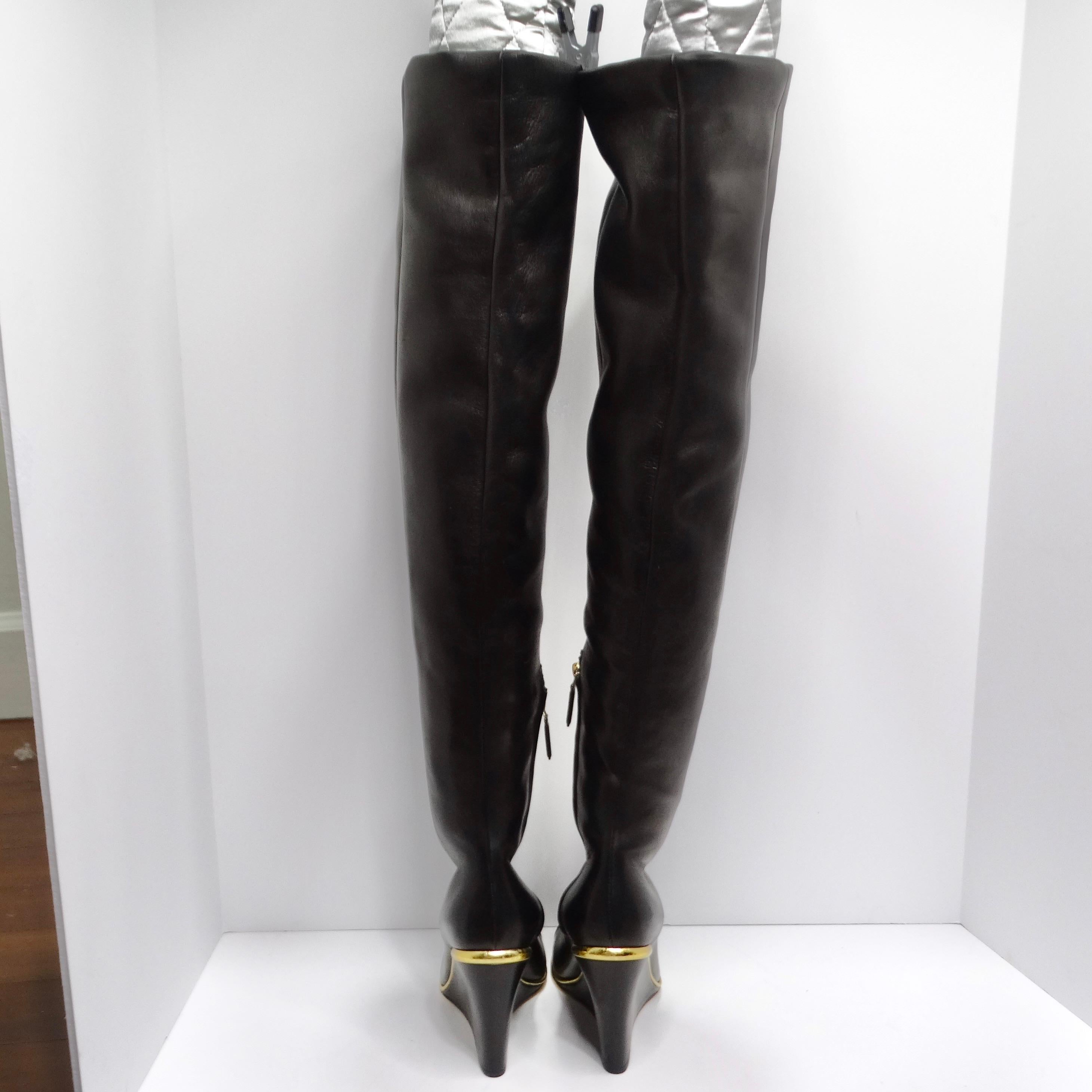 Chanel Black Leather CC Over The Knee Wedge Boots 6