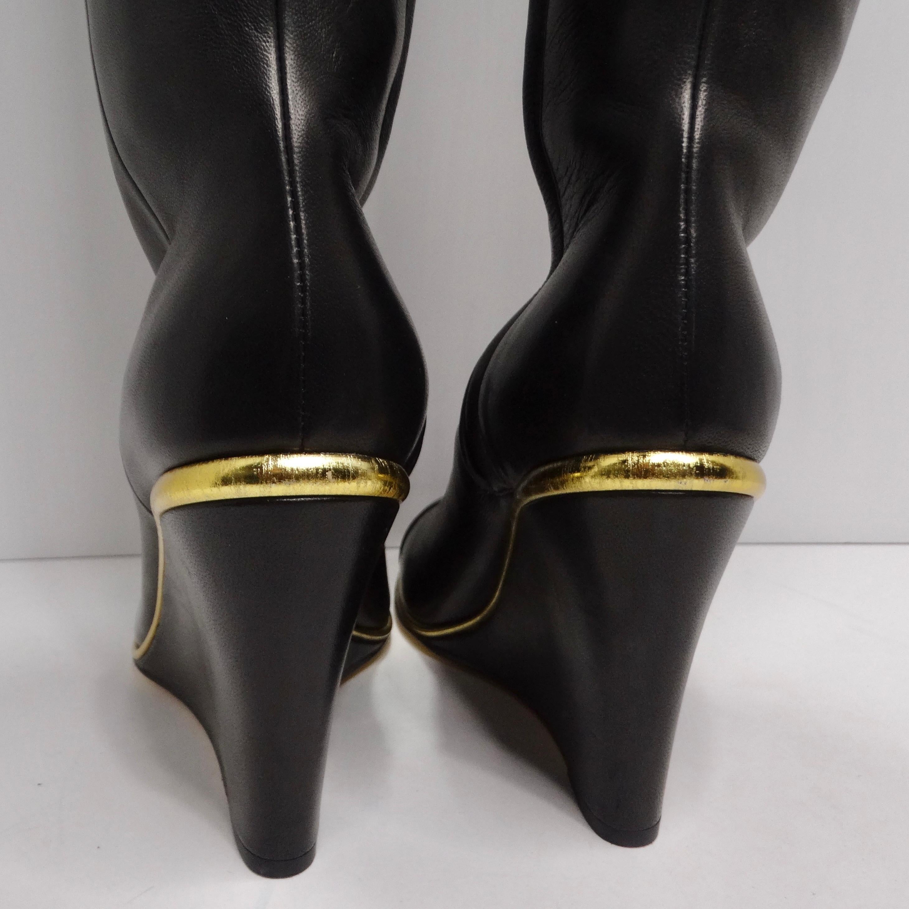 Chanel Black Leather CC Over The Knee Wedge Boots 7