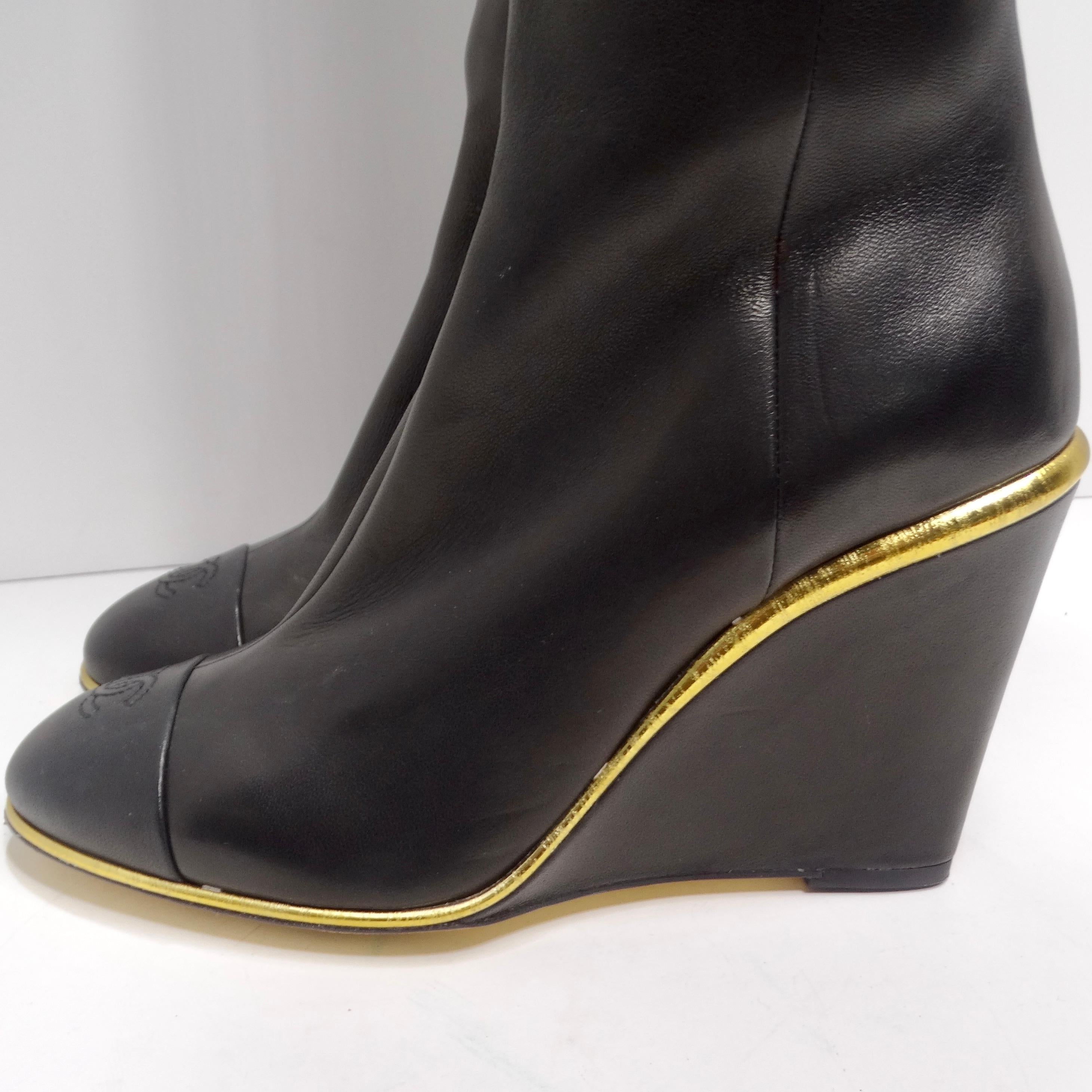 Chanel Black Leather CC Over The Knee Wedge Boots 8
