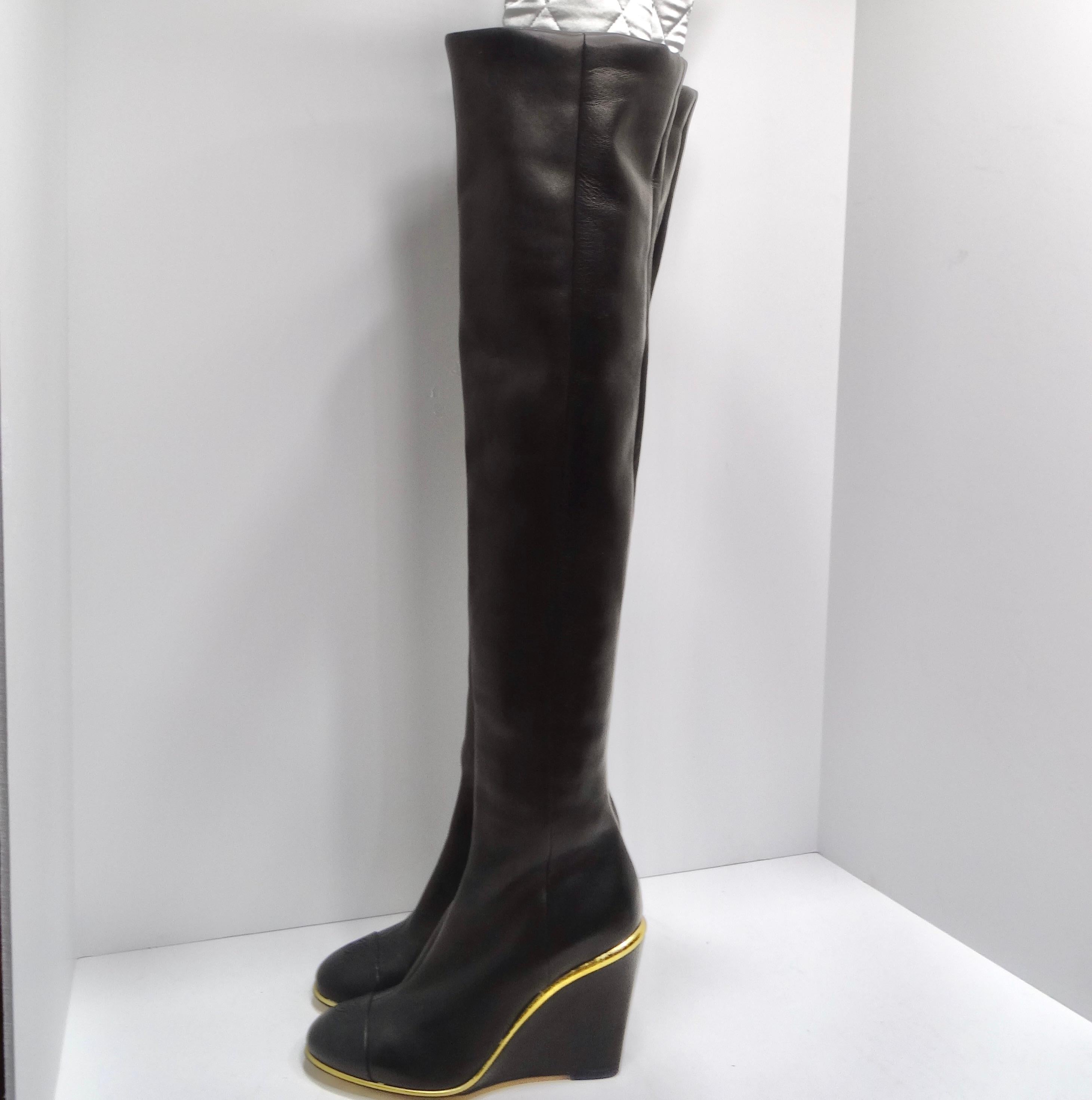 Chanel Black Leather CC Over The Knee Wedge Boots 9