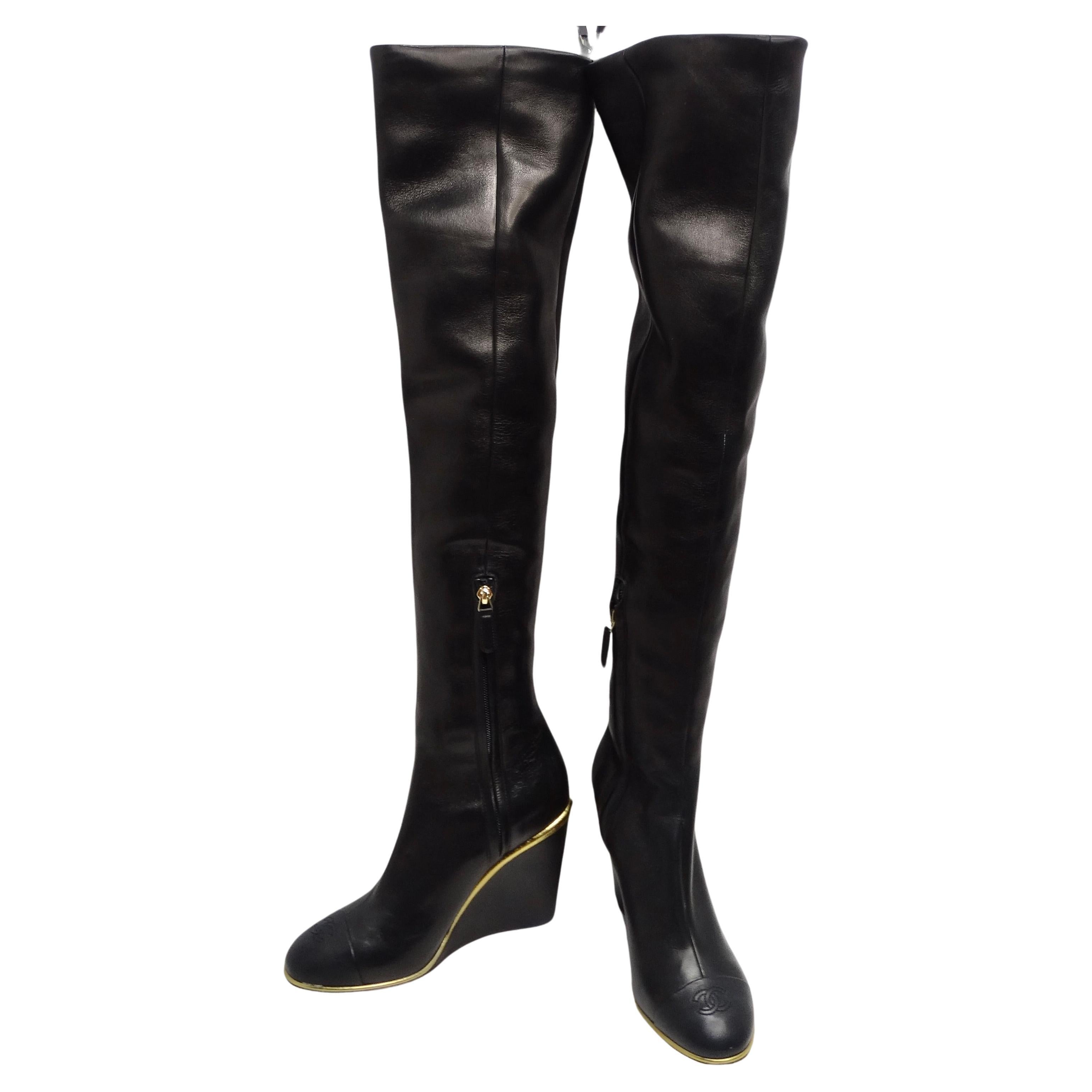 Chanel Black Leather CC Over The Knee Wedge Boots 11