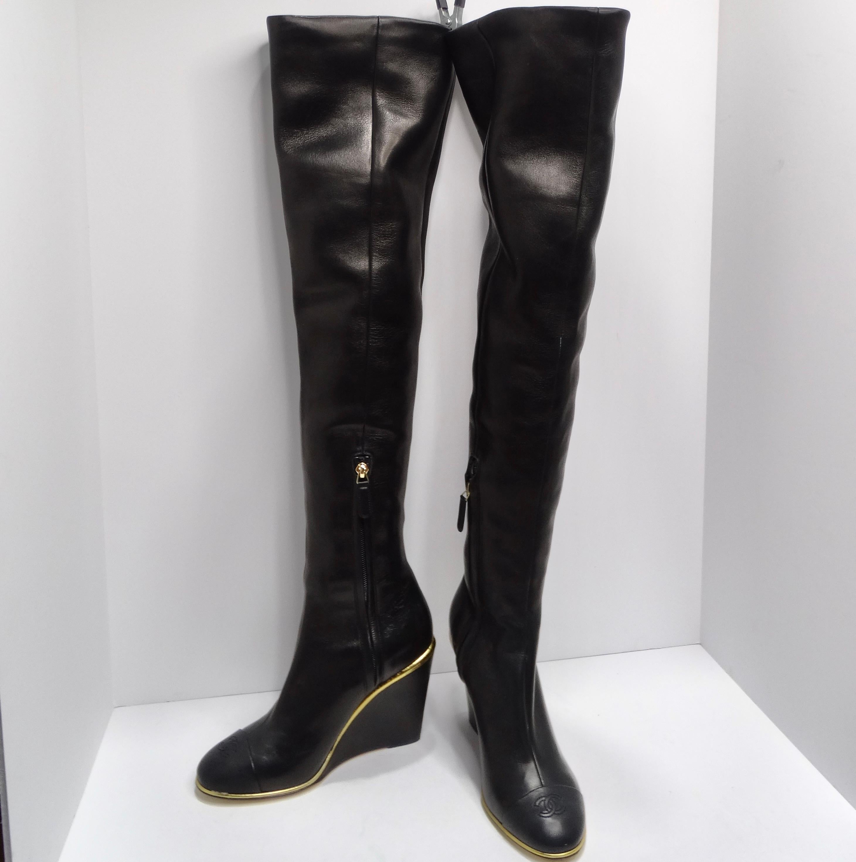 Chanel Black Leather CC Over The Knee Wedge Boots 12