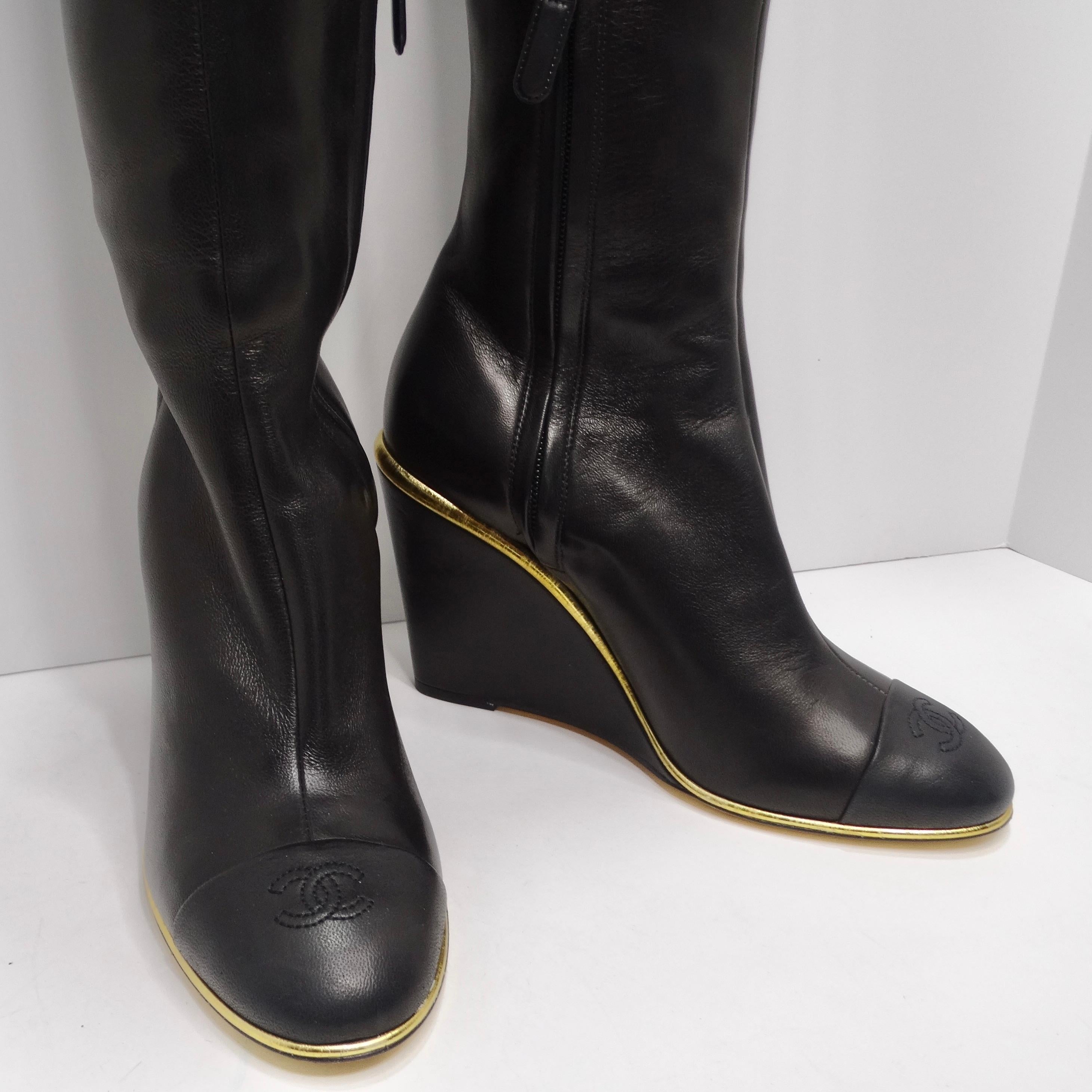 Chanel Black Leather CC Over The Knee Wedge Boots In Good Condition In Scottsdale, AZ