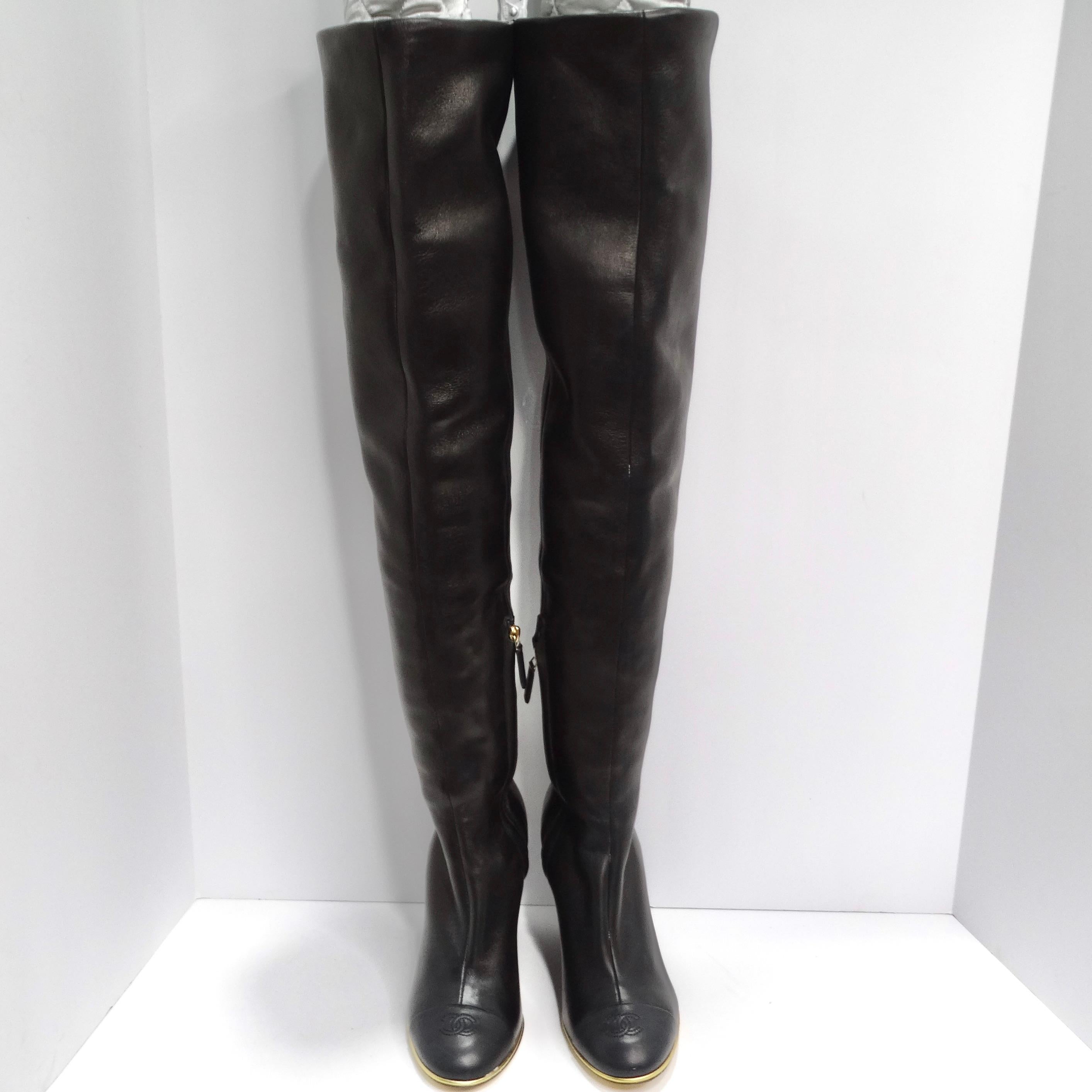 Women's or Men's Chanel Black Leather CC Over The Knee Wedge Boots