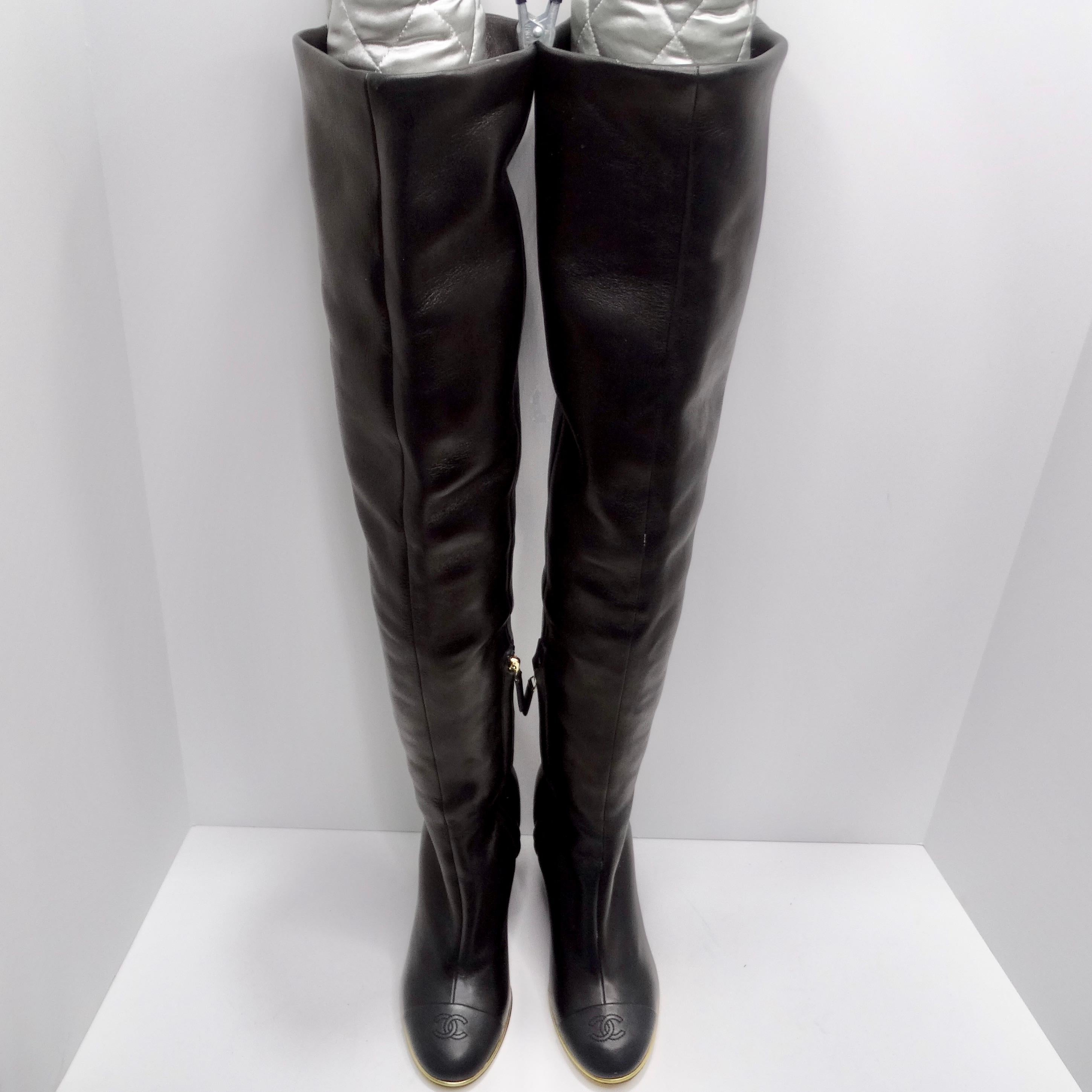 Chanel Black Leather CC Over The Knee Wedge Boots 1