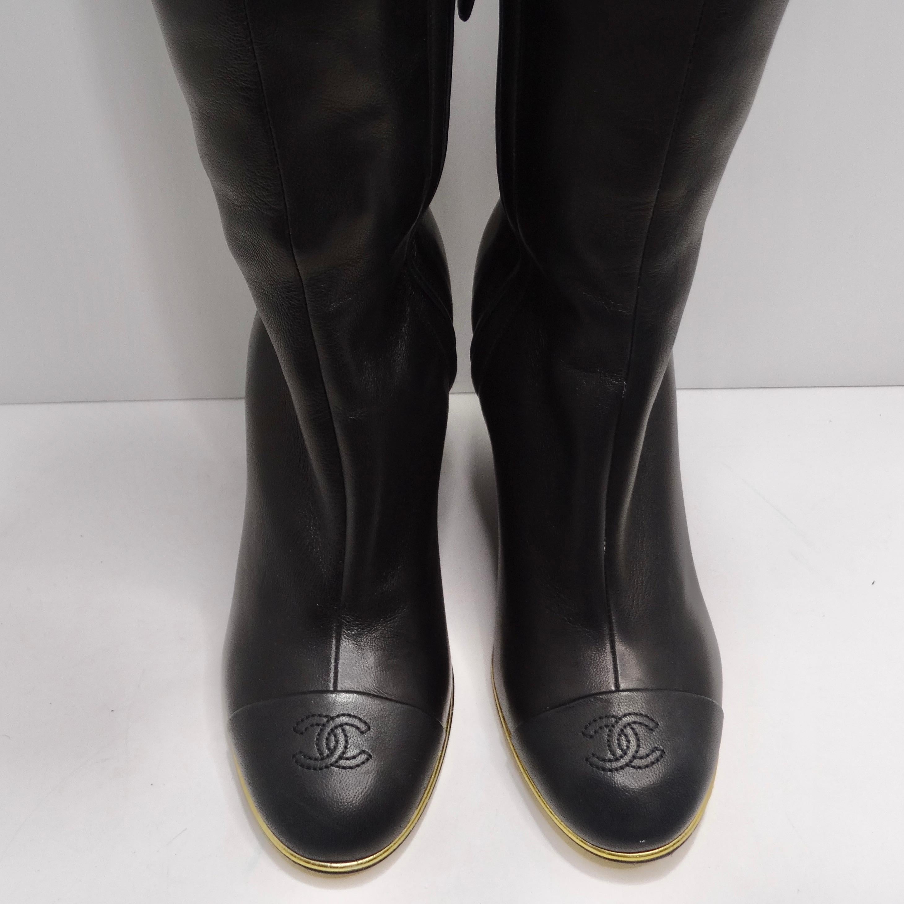 Chanel Black Leather CC Over The Knee Wedge Boots 2