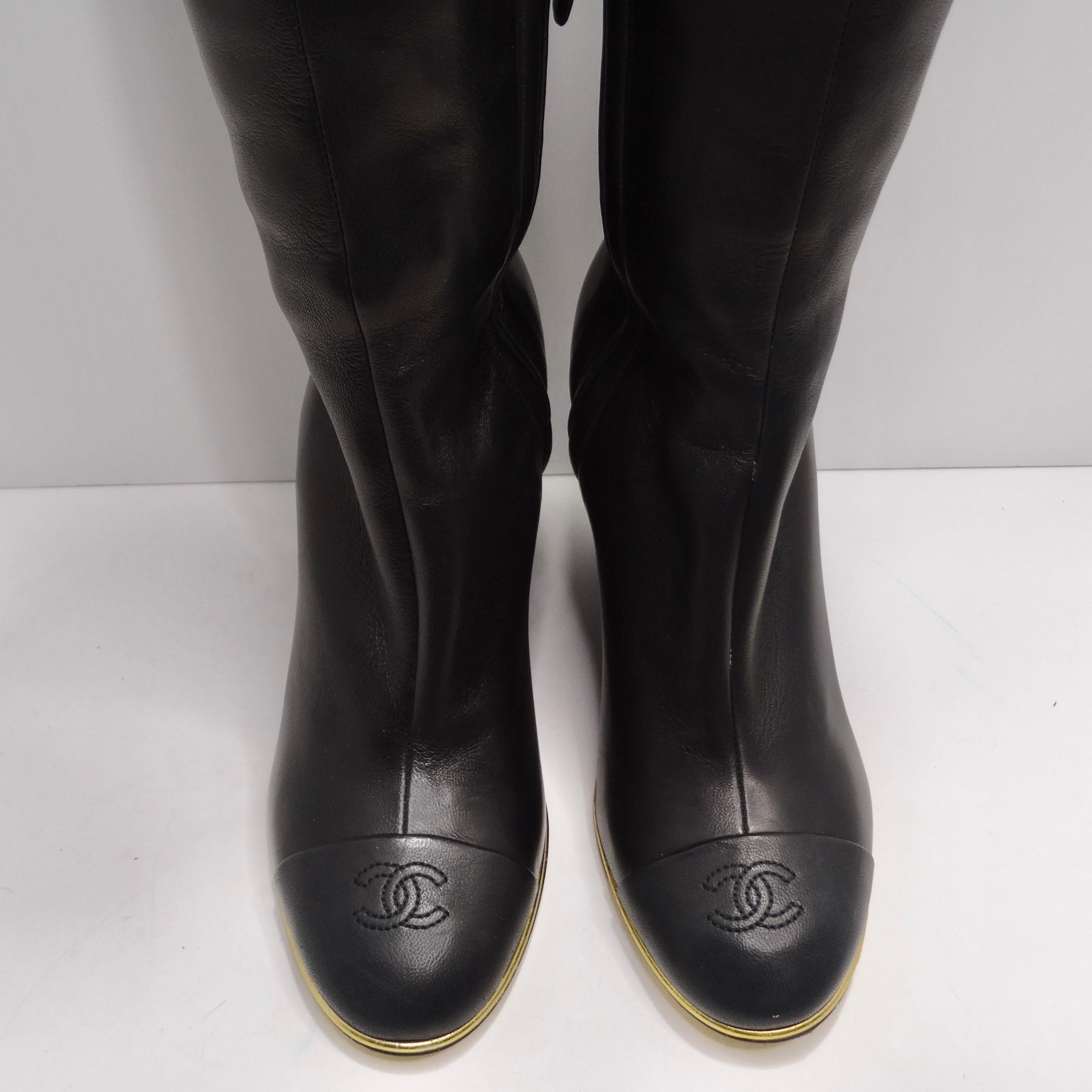 Chanel Black Leather CC Over The Knee Wedge Boots 2