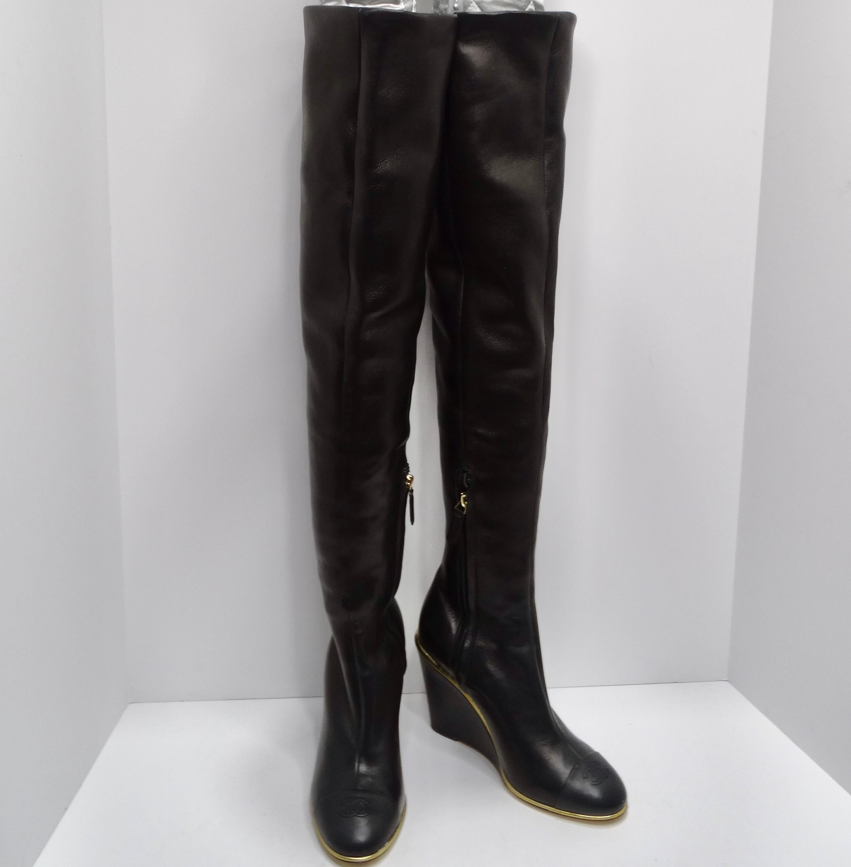 Chanel Black Leather CC Over The Knee Wedge Boots 3