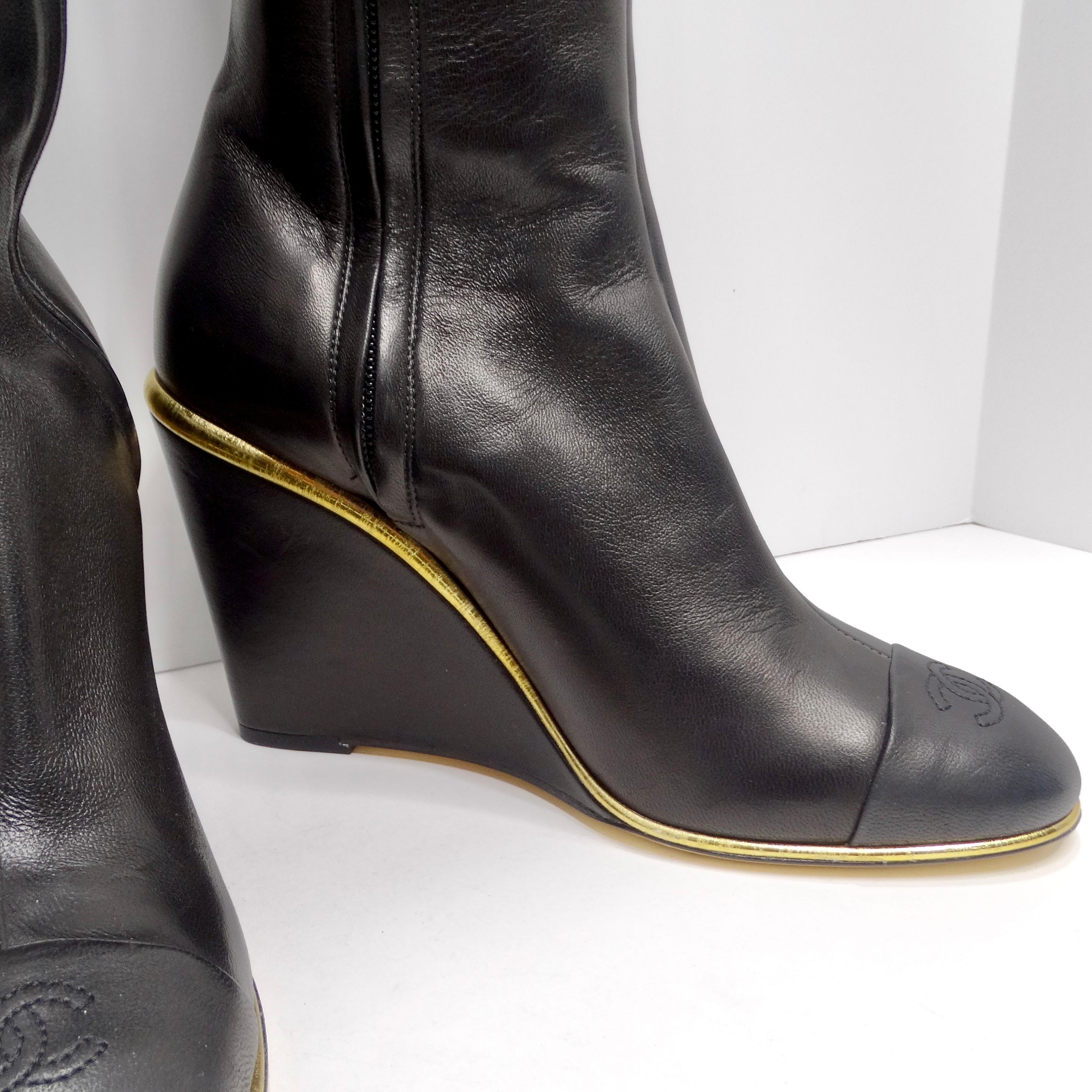 Chanel Black Leather CC Over The Knee Wedge Boots 4