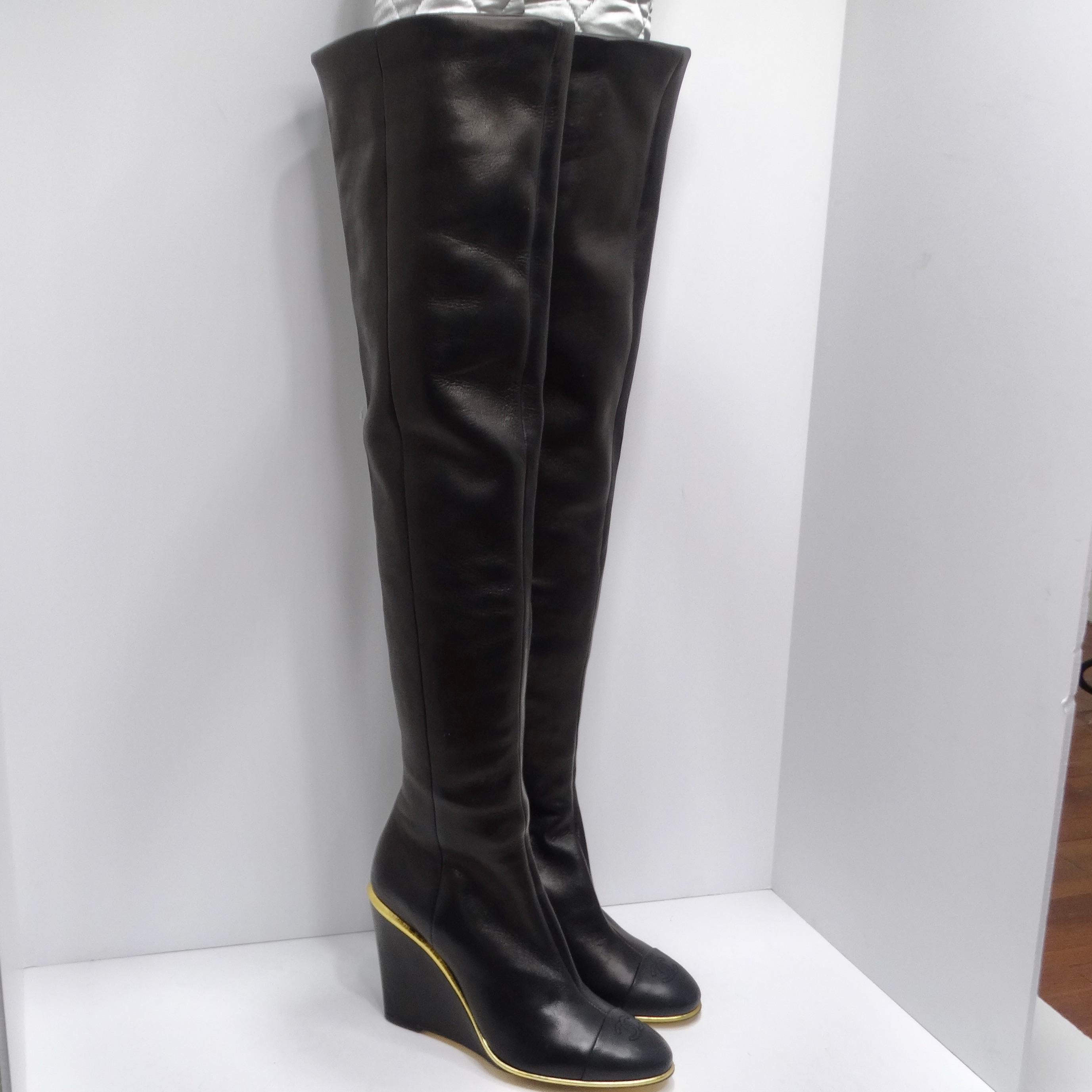 Chanel Black Leather CC Over The Knee Wedge Boots 5