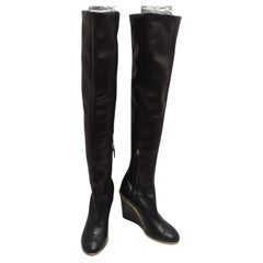 Chanel Black Leather CC Over The Knee Wedge Boots