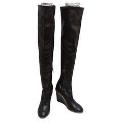 Chanel Schwarz Leder CC Over The Knee Keilstiefel