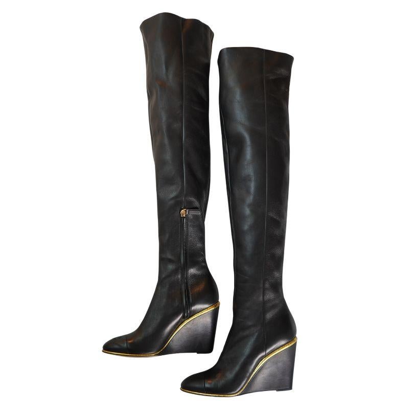 Chanel Black Leather CC Over The Knee Wedge Boots SZ 40 In Good Condition For Sale In Beverly Hills, CA