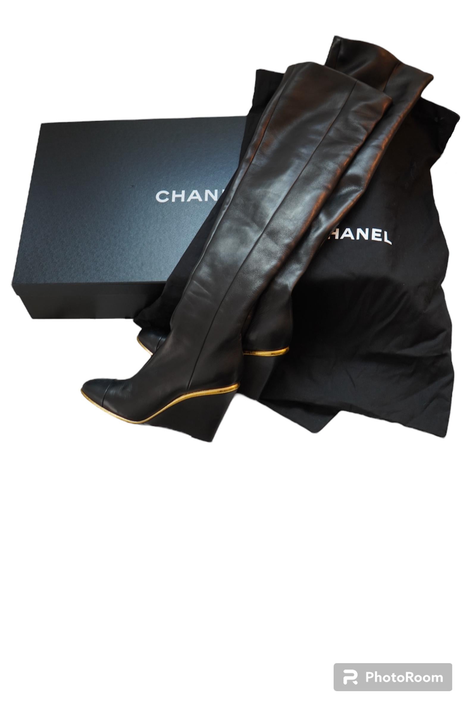 Women's Chanel Black Leather CC Over The Knee Wedge Boots SZ 40 For Sale