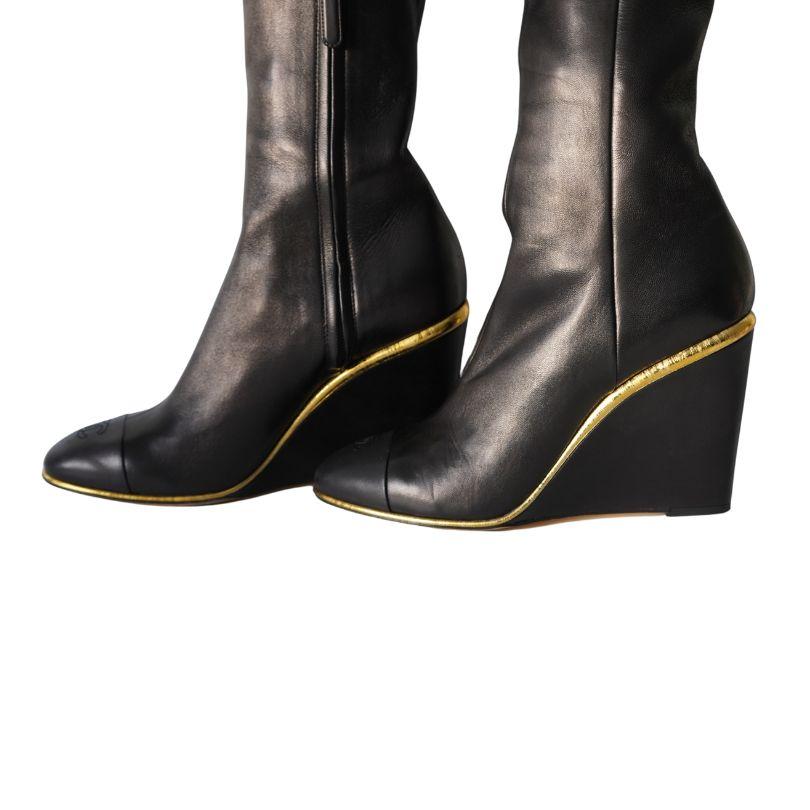 Chanel Black Leather CC Over The Knee Wedge Boots SZ 40 For Sale 2