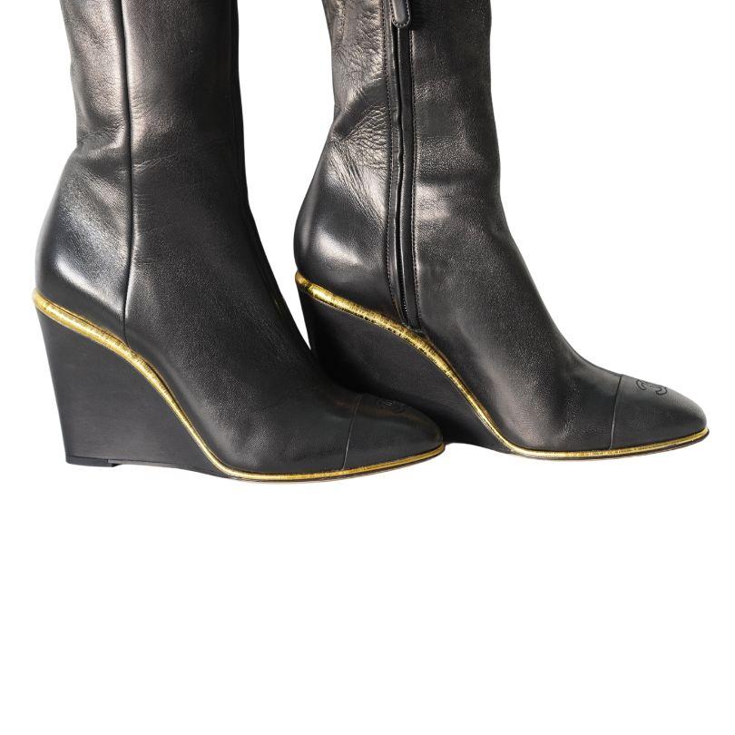 Chanel Black Leather CC Over The Knee Wedge Boots SZ 40 For Sale 3