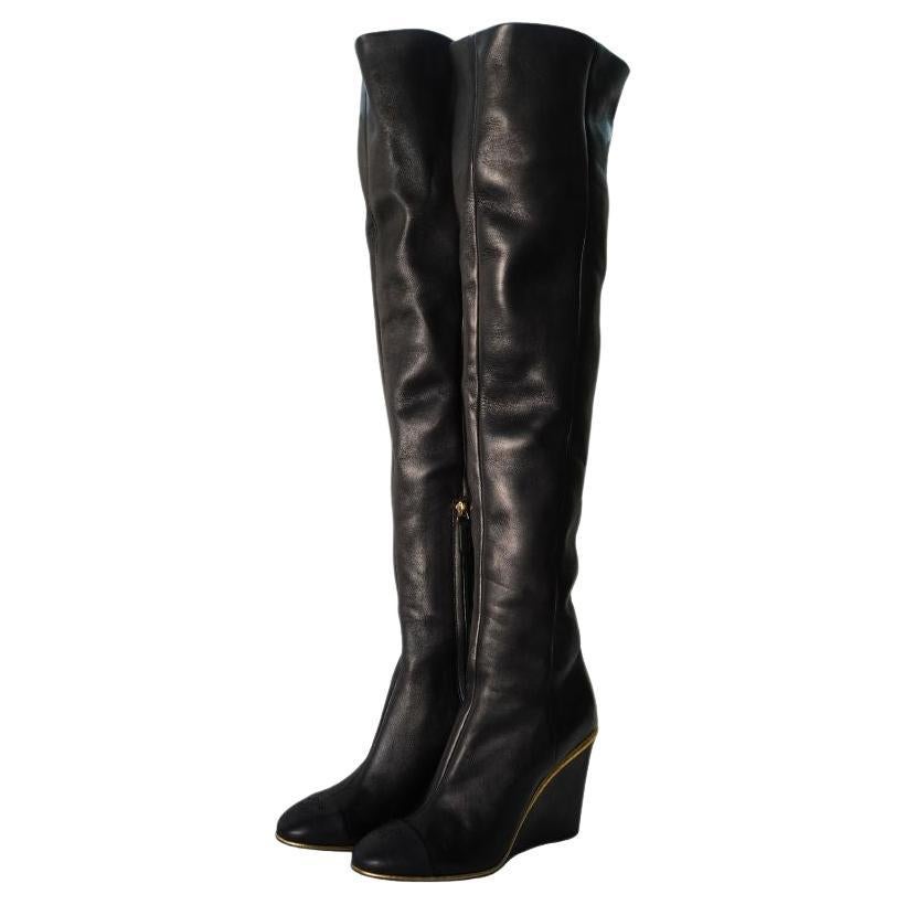 Chanel Black Leather CC Over The Knee Wedge Boots SZ 40 For Sale