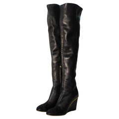 Chanel Black Leather CC Over The Knee Wedge Boots SZ 40