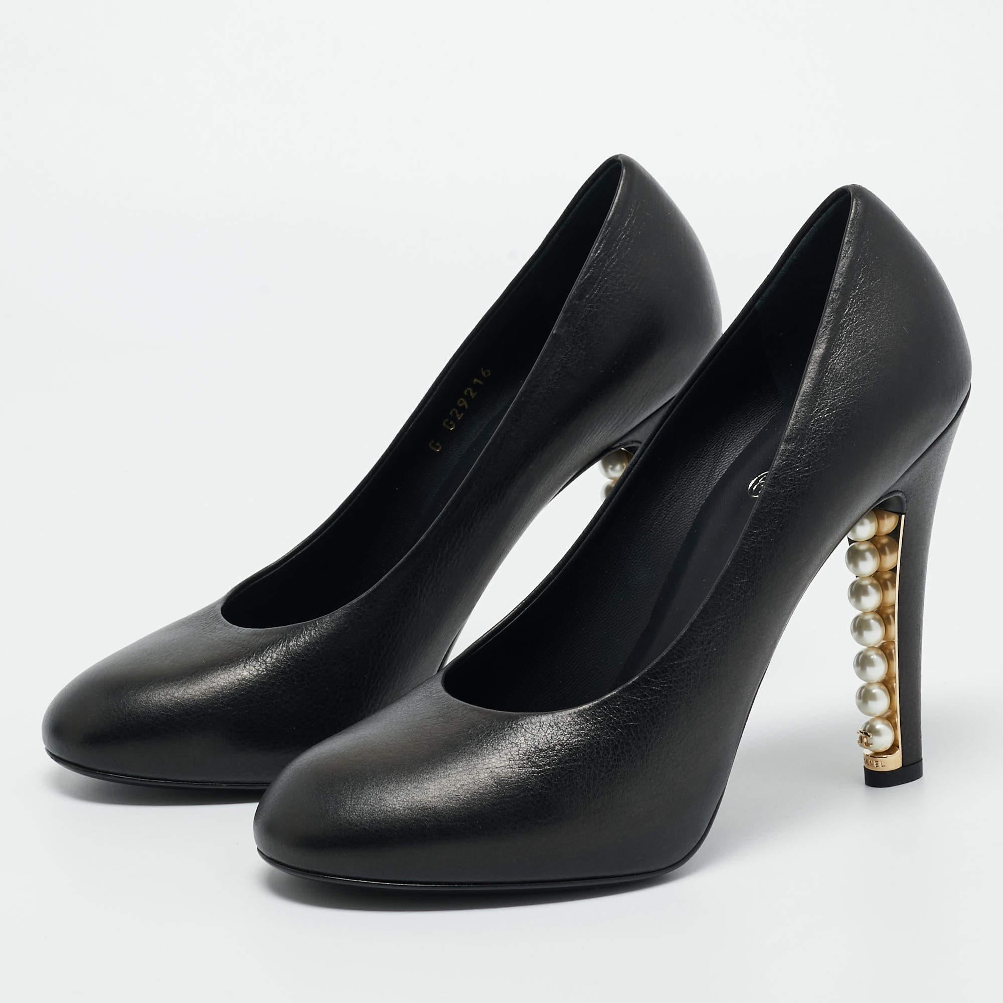 Chanel Black Leather CC Pearl Embellished Heel Pumps Size 39 1